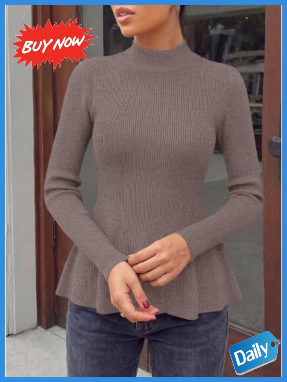 Women's Long Sleeve Peplum Sweater Ribbed Knit Ruffle Hem Pullover - Picture 3 of 6